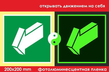 E19 открывать движением на себя (ГОСТ 34428-2018, фотолюминесцентная пленка, 200х200 мм) - Знаки безопасности - Эвакуационные знаки - Магазин охраны труда ohranatruda-shop.ru
