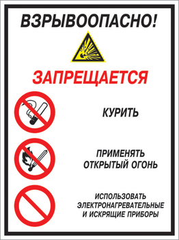 Кз 13 взрывоопасно! запрещается: курить, применять открытый огонь, использовать электронагревательные и искрящие приборы. (пленка, 300х400 мм) - Знаки безопасности - Комбинированные знаки безопасности - Магазин охраны труда ohranatruda-shop.ru