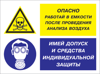 Кз 90 опасно - работай в емкости после проведения анализа воздуха. имей допуск и средства индивидуальной защиты. (пластик, 600х400 мм) - Знаки безопасности - Комбинированные знаки безопасности - Магазин охраны труда ohranatruda-shop.ru