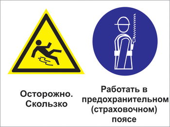 Кз 70 осторожно - скользко. работать в предохранительном (страховочном) поясе. (пластик, 400х300 мм) - Знаки безопасности - Комбинированные знаки безопасности - Магазин охраны труда ohranatruda-shop.ru